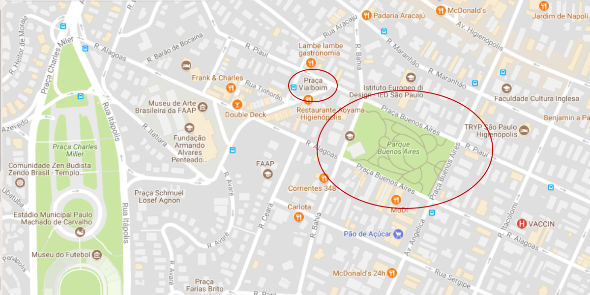 Pacaembu, Praça Vilaboim e Parque Buenos Aires - mapa Google