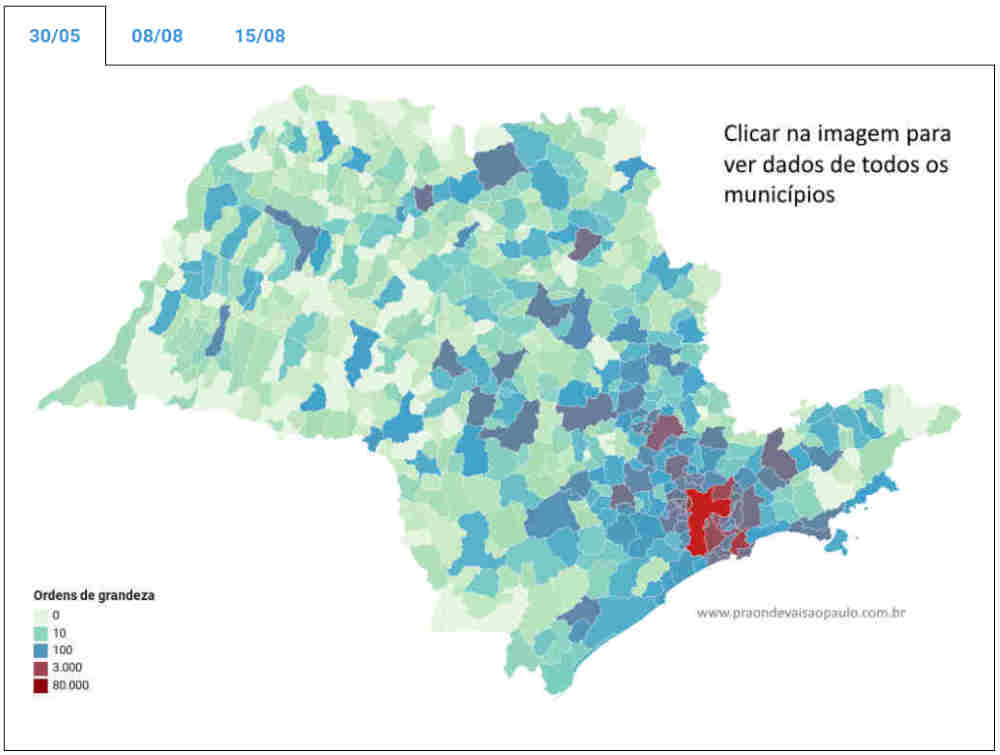 Mapeamento da evolução da Covid-19 nos municípios de São Paulo entre 30/05 e 15/08